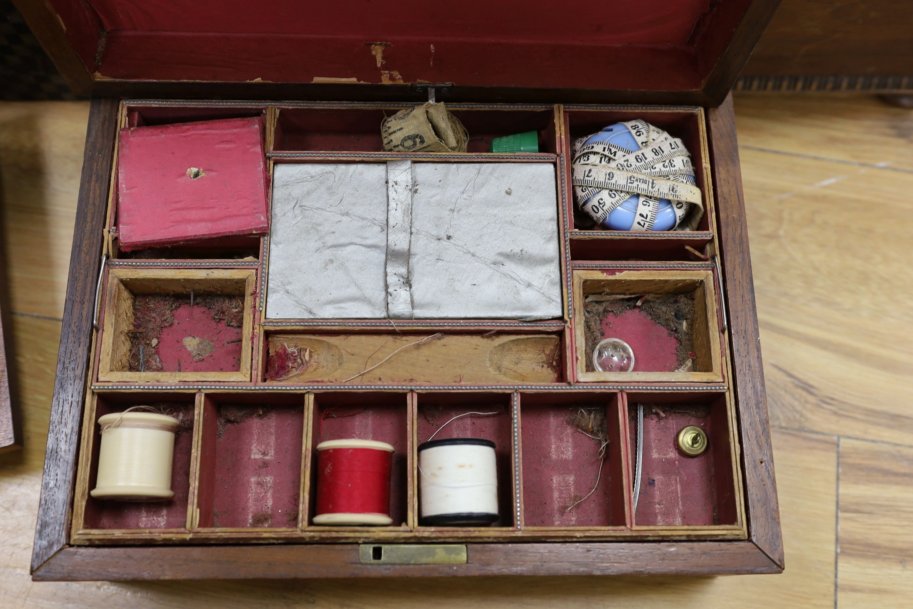 An inlaid miniature linen press, Japanese lacquer box, a stationary box and tea caddy etc (7 items in total)